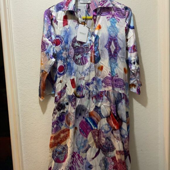 UNBREAK.IT Silk dress MARY MICROSCOPY  with 3/4 sleeves stand up collar D8 - Picture 3 of 12